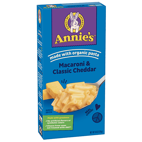 Annie's Macaroni And Classic Cheddar, made with organic pasta, front of box.