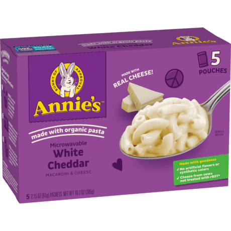 Annie's Microwaveable White Cheddar Macaroni And Cheese, five pouches, made with real cheese, front of box.