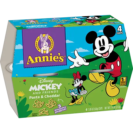 Annie's Mickey And Friends Microwavable Pasta And Cheddar, three shapes, front of box.