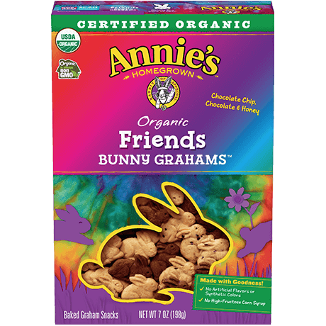 Annie's Organic Friends Bunny Grahams, Chocolate Chip, Chocolate and Honey, front of box.