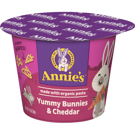 Annie's Yummy Bunnies And Cheddar Microwavable Cup, Single Serving, made with organic pasta, front of cup.