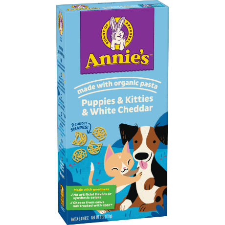 Annie's Puppies And Kitties And White Cheddar Pasta And Cheese, made with organic pasta, front of box.