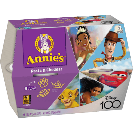 Annie's Microwavable Pasta & Cheddar Cups, Disney 100th shapes, front of package.