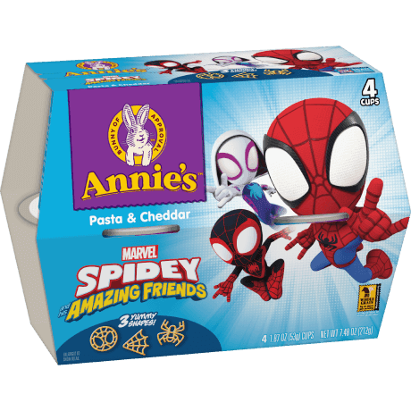 Annie's Spidey and his Amazing Friends Shapes Microwavable Pasta & Cheddar Cups, front facing pack