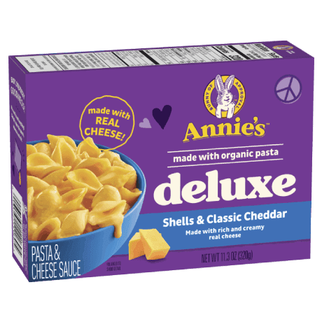 Annie's Deluxe Rich And Creamy Shells And Classic Cheddar, real cheese sauce, 306g, front of box.